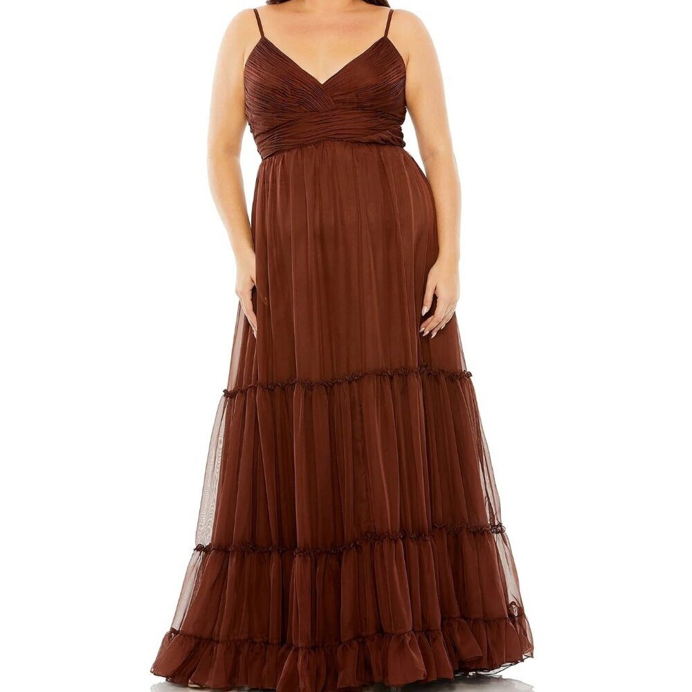 Mac Duggal Chocolate Brown Ruched Bodice Tiered Skirt Dress